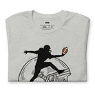 a black silhouette of a football player leaping to catch a football, superimposed on a large, sketched football helmet on a grey shirt. 