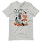 Grey t-shirt with a fun Halloween design featuring a skeleton, pumpkins, bats, and "Trick or Treat" text in a festive orange and black theme.