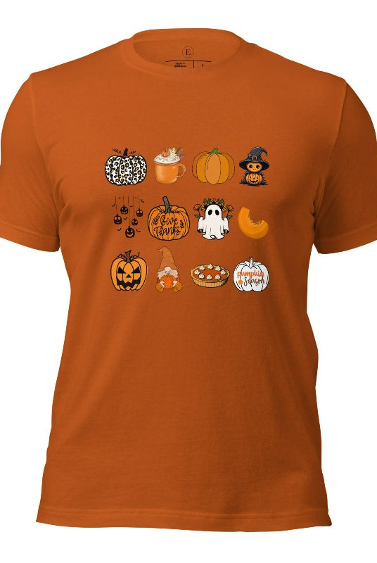 Celebrate Halloween with our captivating pumpkin-themed shirt! This design is perfect for pumpkin enthusiasts and casual wear. Let the pumpkins take center stage on an autumn colored shirt. 
