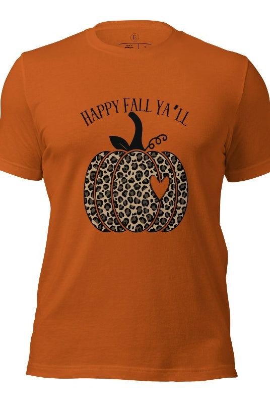 Get ready for fall with our adorable cheetah pumpkin shirt. Featuring a charming design of a cheetah pumpkin with a heart, it's the perfect blend of style and seasonal spirit. Spread the autumn cheer with the saying 'Happy Fall Ya'll' and embrace the coziness of the season on an autumn colored shirt. 