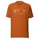 Tis the Season Fall Shirt! Fall Coffee, Fall Leaf, Football, Pumpkin on front chest of a autumn colored shirt