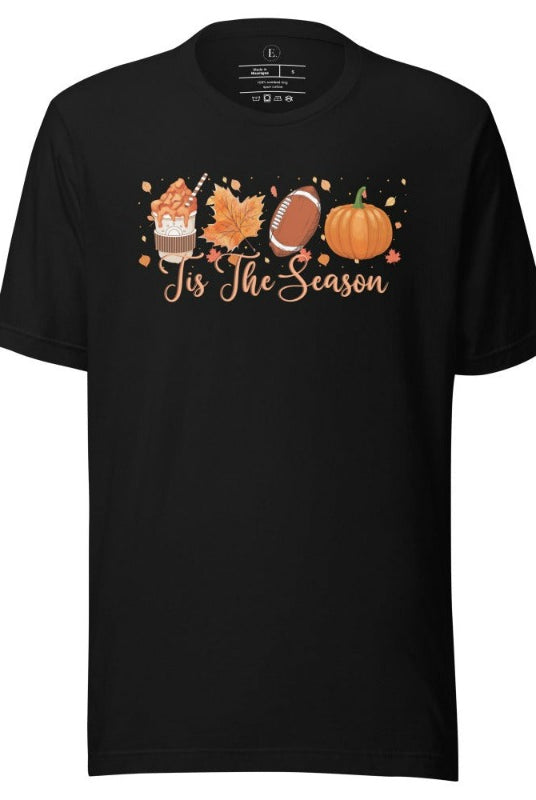 Tis the Season Fall Shirt! Fall Coffee, Fall Leaf, Football, Pumpkin on front chest of a black colored shirt