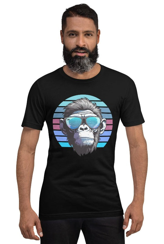 Hyper-realistic gorilla wearing sunglasses with a retro blue horizon behind on a black colored shirt.