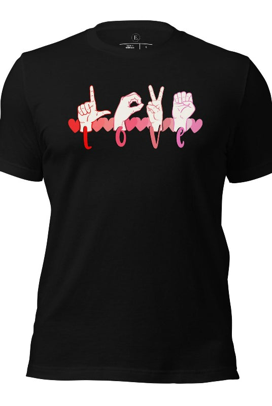 Beautiful ASL hand gesture spelling out love with hearts on a black colored shirt.