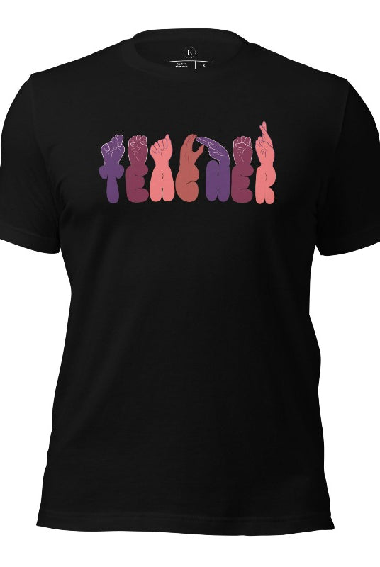Let's celebrate our educators with this unique ASL teacher t-shirt. The word "teacher" is spelled out in American Sign Language using expertly crafted hands, highlighting their vital role in shaping our society. ASL teacher on a black colored shirt.