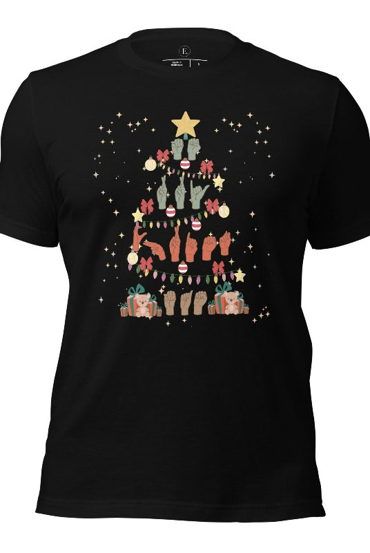 Add festive cheer with this ASL Merry Christmas t-shirt. The hands skillfully shape the words 'Merry Christmas' in American Sign Language, forming a beautiful Christmas tree design on a black colored shirt.