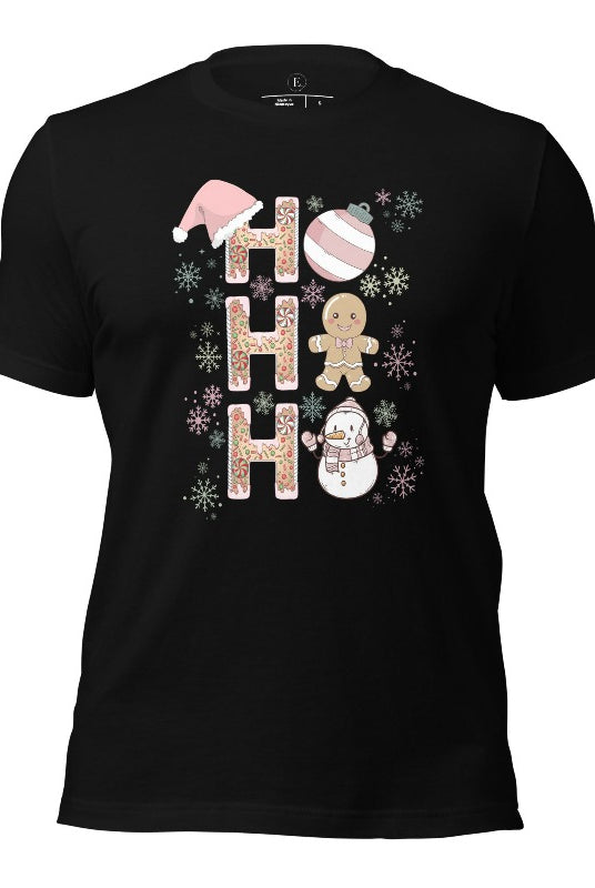 Add a whimsical touch to your holiday wardrobe with our gingerbread "Ho Ho Ho" Christmas shirt on a black colored shirt.