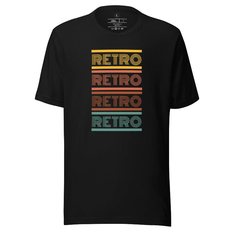 Step into the world of vintage fashion with our Retro Retro Retro Retro shirt. This stylish shirt proudly showcase the word 'retro' repeated four times, making a bold statement on a black shirt. 