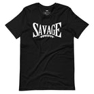 "Savage" in large, bold white letters with a football graphic underneath. The shirt is from Bella + Canvas and is made of 100% combed and ring-spun cotton on a black shirt