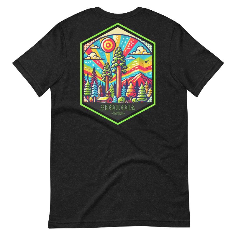 a colorful, detailed graphic of Sequoia National Park with the park's name and established year on the back, and a simplified text logo on the front on a black shirt.