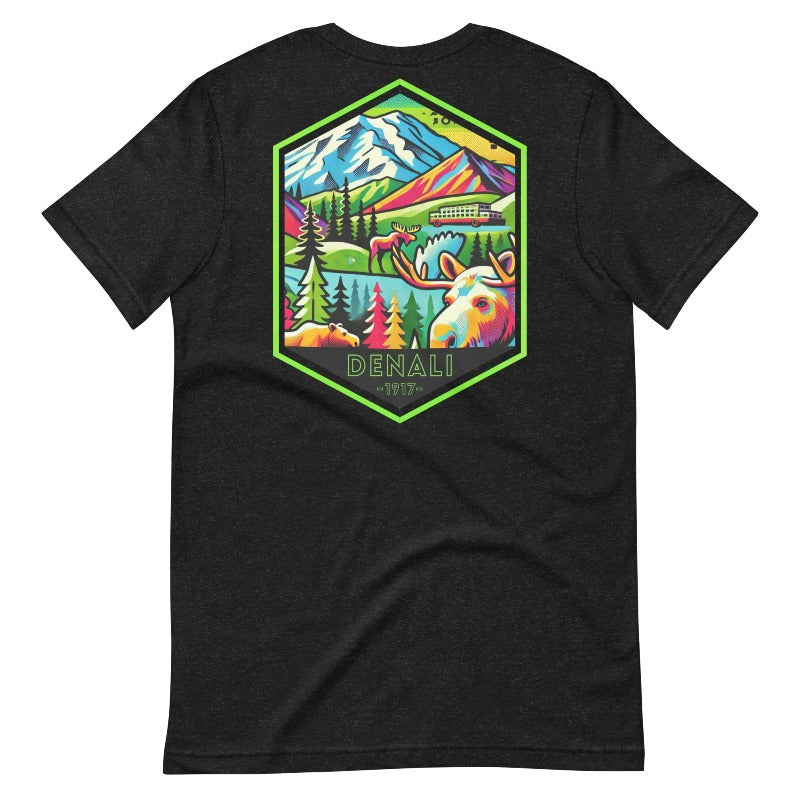 Black Bella + Canvas 3001 t-shirt with front and back Denali National Park designs. The front features "Denali National Park | Alaska - 1917" in neon green text, and the back showcases a colorful, detailed illustration of Denali's landscapes and wildlife.