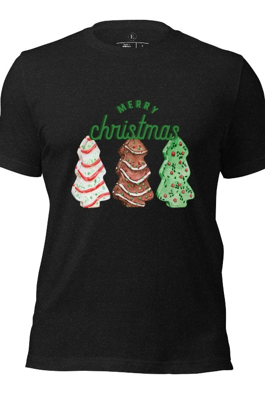 Relive the nostalgia of your childhood with our Christmas shirt that features the beloved classic Christmas tree cookies on a black heather shirt.