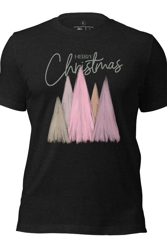 Merry Christmas modern minimalist pastel Christmas trees on printed on a black heather shirt.