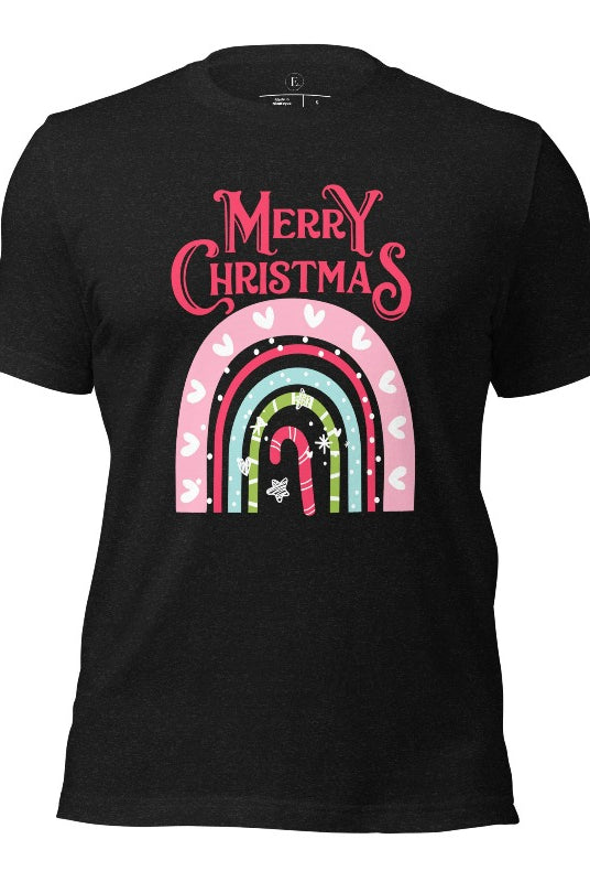 Merry Christmas rainbow candy cane and heart tee on a black heather shirt. 