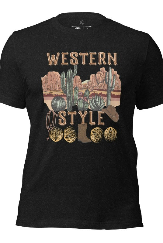 Embrace the rugged charm of the Wild West with our country western shirt featuring the iconic phrase "Western Style" set against a stunning desert background on a black shirt. 
