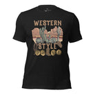 Embrace the rugged charm of the Wild West with our country western shirt featuring the iconic phrase "Western Style" set against a stunning desert background on a black shirt. 