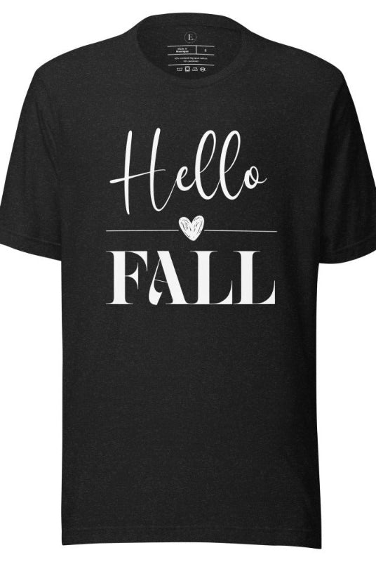 Hello Fall with heart between Hello and Fall graphic tee on a black heather shirt.