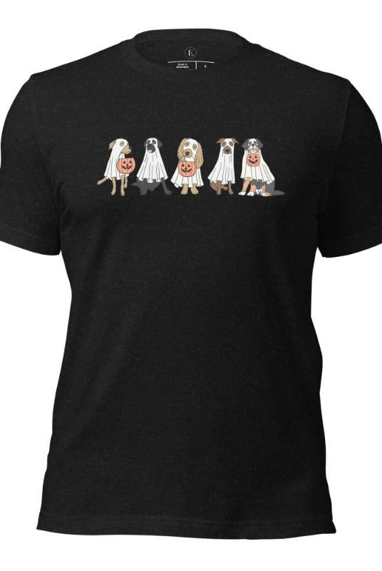 5 dogs dressed as ghost getting ready to trick or treat on a black heather colored t-shirt.