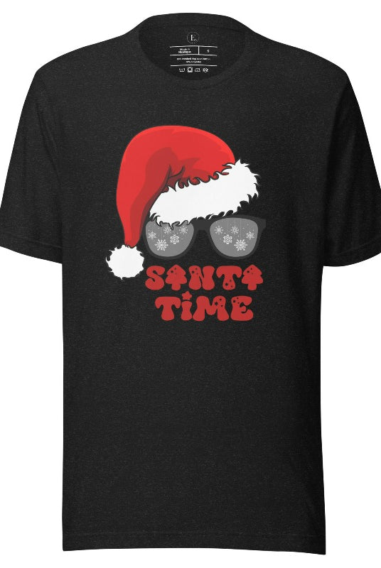 Gear up for the holiday season with our men's Christmas Shirt featuring a Santa hat, Christmas sunglasses on a heather black colored shirt. 