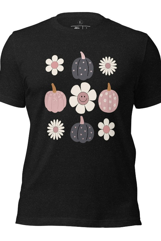 Step into retro autumn vibes with our trendy t-shirt. Featuring a delightful combination of pumpkins and retro flowers, on a black heather shirt. 