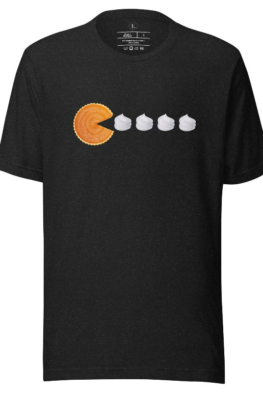 Level up your style with our playful t-shirt featuring a pumpkin pie shaped like Pac-Man devouring whipped cream swirls on a black shirt. 