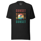 Capture the essence of tropical paradise with our Sunset t-shirt. Featuring four rows of the word 'sunset' surrounding a stunning palm tree on a black shirt. 