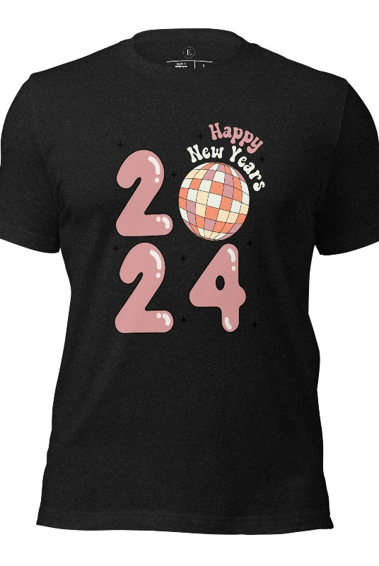 Step into the new year in dazzling style with our 'Happy New Year 2024' shirt. Featuring a shimmering disco ball as the '0' this eye catching design exudes festivity and fun on a black shirt. 