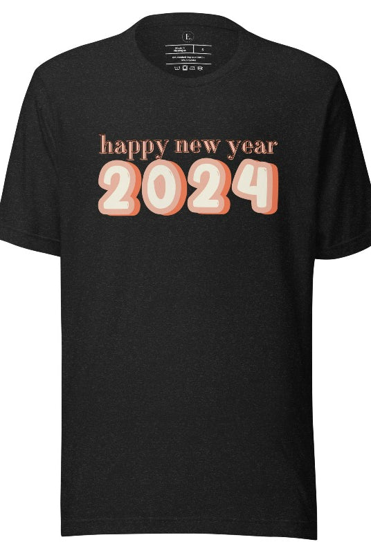 Welcome 2024 in style with our exclusive Happy New Year shirt design! Featuring vibrant graphics and festive typography, this high- quality on a black heather shirt. 