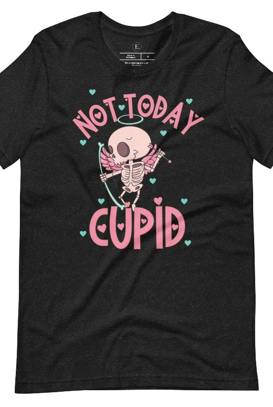 Unleash your rebellious spirit this Valentine's Day with our edgy shirt featuring a skeleton Cupid. The bold "Not Today Cupid" message adds a touch of attitude, making this tee a standout choice for those who march to the beat of their own drum on a black shirt. 