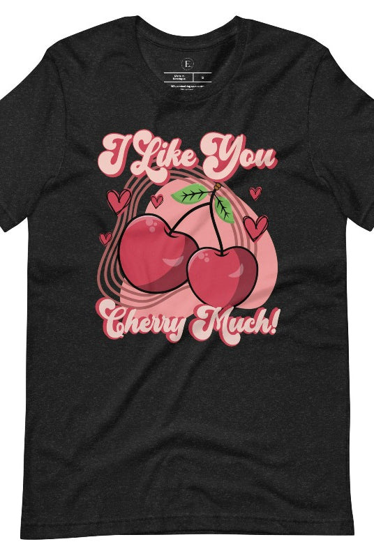 Express your affection with our charming Valentine's Day shirt! Featuring adorable cherries and the sweet message " I Love You Cherry Much," on a heather black shirt. 
