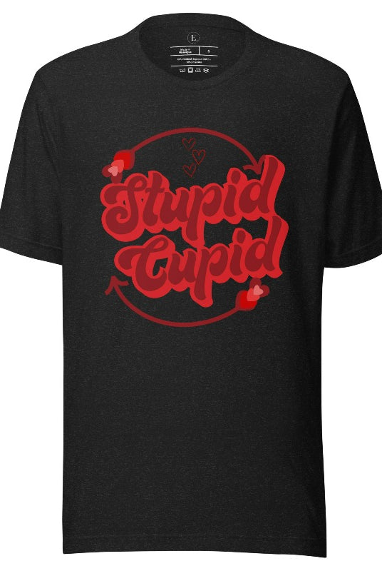 Express your Valentine's Day attitude with our bold and cheeky shirt proclaiming "Stupid Cupid" on a heather black shirt. 