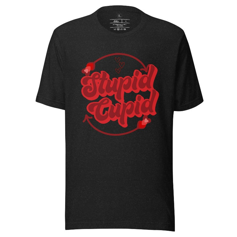 Express your Valentine's Day attitude with our bold and cheeky shirt proclaiming "Stupid Cupid" on a heather black shirt. 