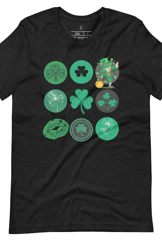 Celebrate Saint Patrick's Day in style with our Bella Canvas 3001 unisex graphic t-shirt! Get ready for the luckiest day of the year with our festive design featuring 3 rows of 3 vibrant and whimsical Saint Patrick's Day images on a heather black shirt. 