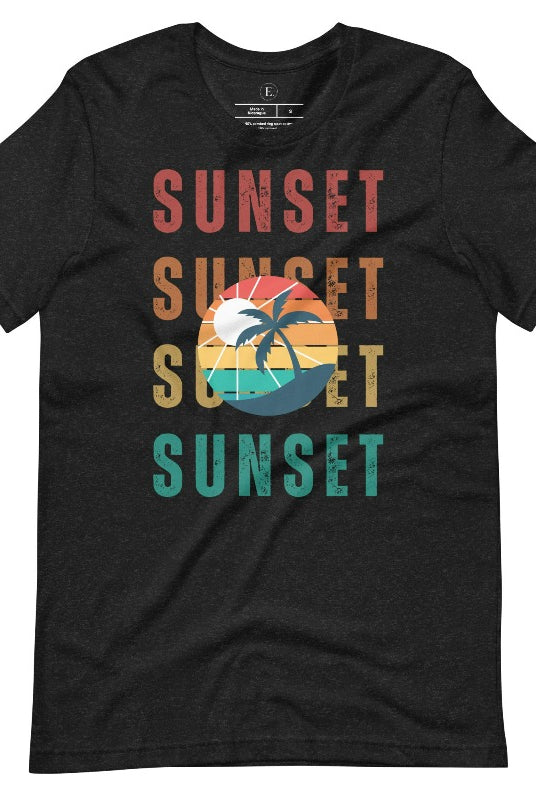 Capture the essence of tropical paradise with our Sunset t-shirt. This shirt features four rows of the word 'sunset' surrounding a stunning palm tree, bringing a laid-back, beachy vibe to your wardrobe with this heather black tee.