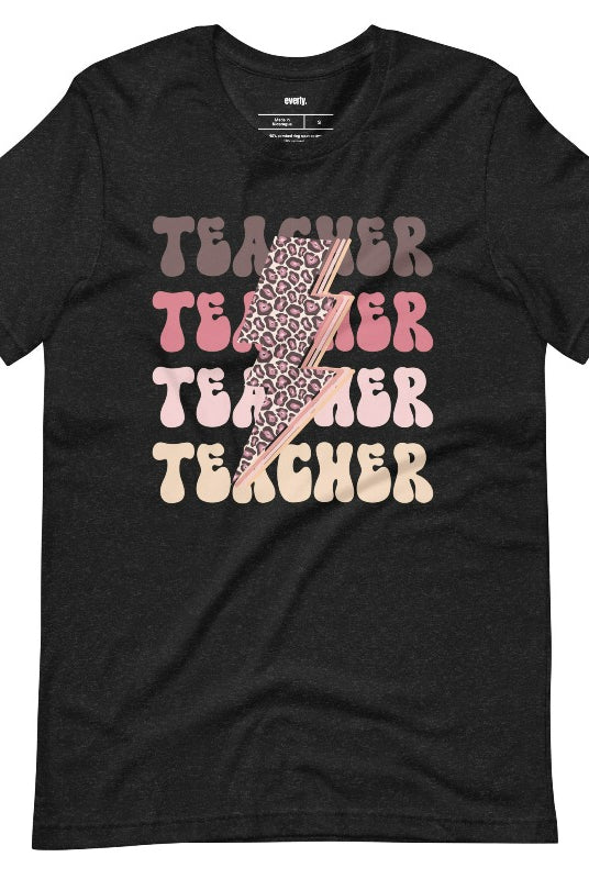 Black teacher graphic tee with pink cheetah lightning bolt and the word 'teacher' - perfect for teacher shirts and teacher gifts. Eye-catching graphic tee for educators.