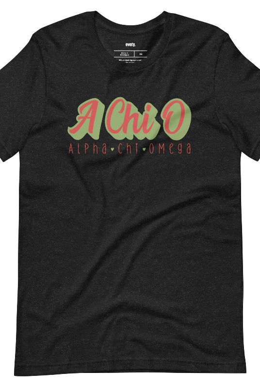 Stylish A Chi O Alpha Chi Omega graphic tee perfect for sorority shirts, featuring retro design and classic comfort. Black Graphic Tee