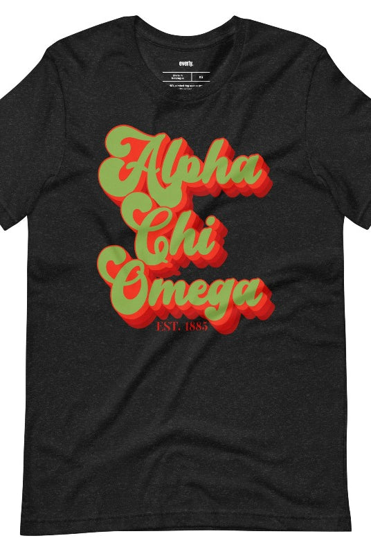 Get a retro-chic look with this Alpha Chi Omega Est 1885 graphic tee - a trendy choice for sorority shirts that combines timeless style with sisterhood pride. Black graphic tee
