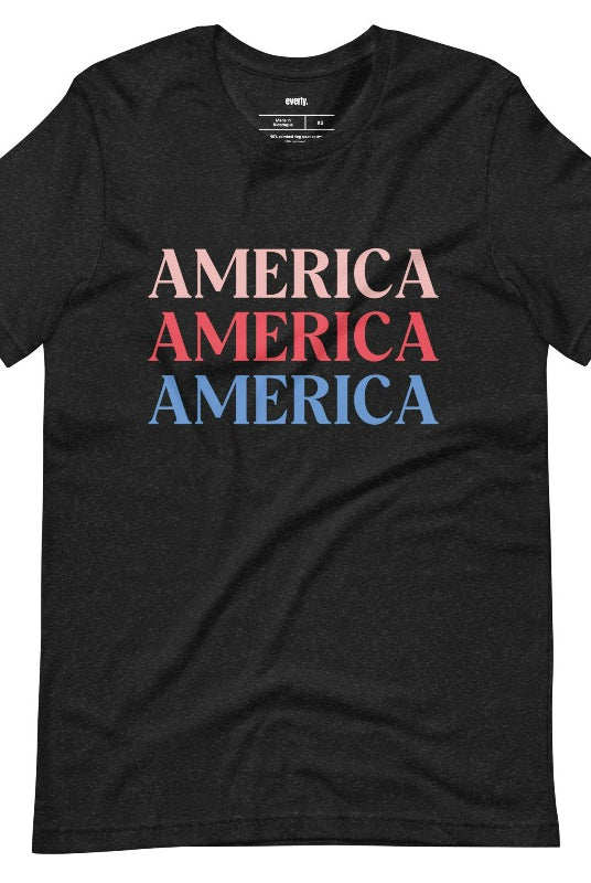 Close-up image of a USA July 4th graphic tee with the word 'America' repeated three times in bold lettering on the front. This festive tee is perfect for celebrating Independence Day in style and showing off your patriotic spirit on a black graphic tee.