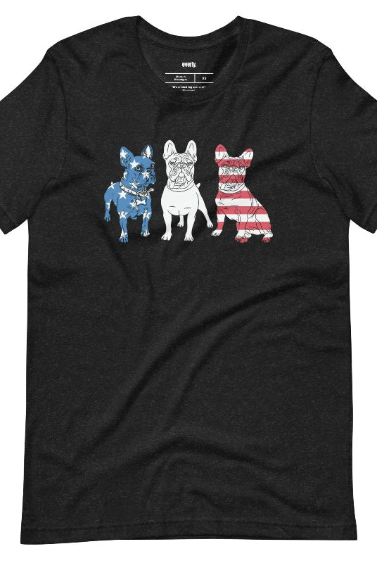 Close-up image of a USA July 4th graphic tee showcasing adorable Boston Terrier dogs posing in front of the USA flag design. A cute and patriotic design perfect for celebrating July 4th with a furry twist on a black graphic tee. 