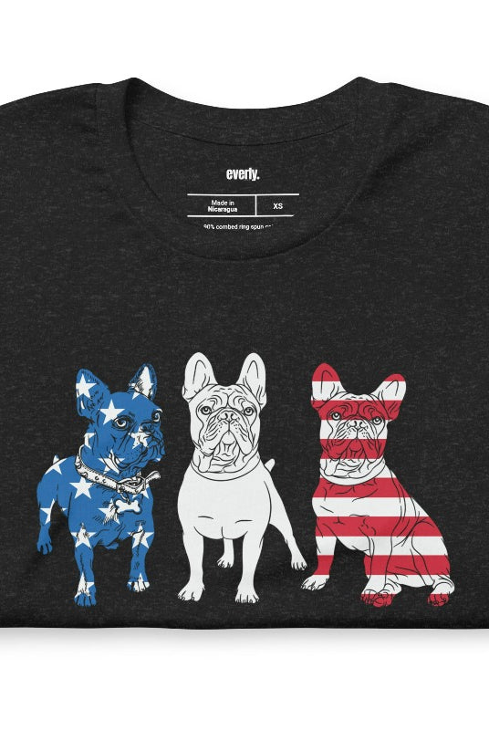 Close-up image of a USA July 4th graphic tee showcasing adorable Boston Terrier dogs posing in front of the USA flag design. A cute and patriotic design perfect for celebrating July 4th with a furry twist on a black graphic tee.