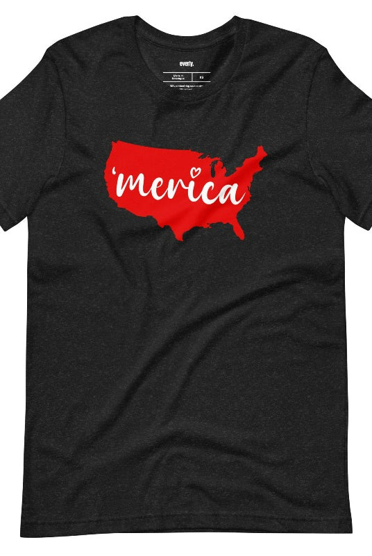 Graphic of the map of the USA with the text 'Merica' on the front of a black graphic tee.
