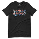 A vibrant graphic tee for the USA July 4th celebration featuring the text "Red White Blue" in bold and patriotic colors. The design is filled with various images associated with July 4th, including fireworks, American flags, stars, and stripes, evoking a sense of national pride and celebration on a black graphic tee.