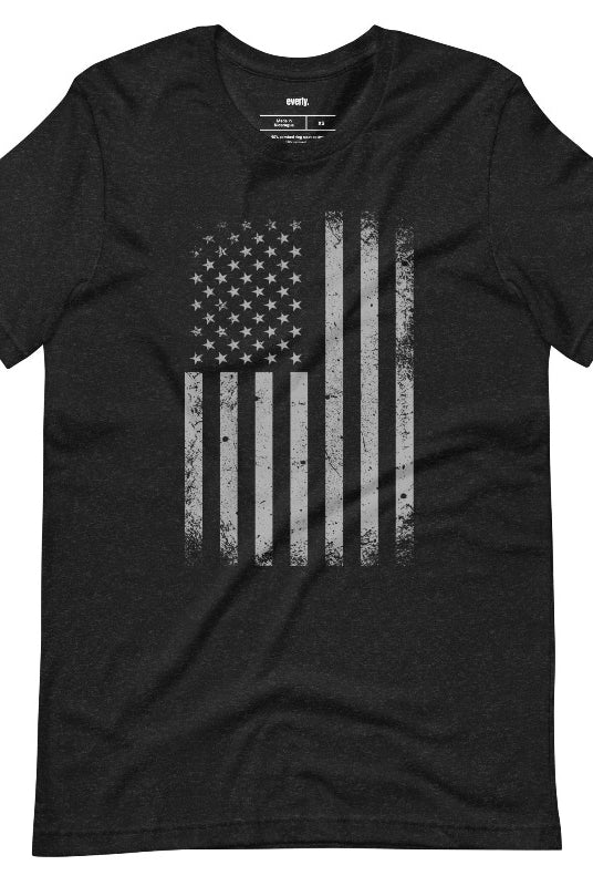 A sleek graphic tee for the USA July 4th celebration featuring a stylized grey American flag design on a black background. The tee combines a modern twist with traditional patriotic imagery, making it a timeless and fashionable choice for Independence Day celebrations.