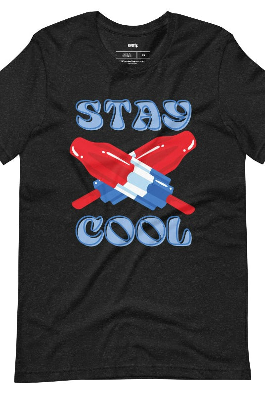 A fun and playful graphic tee for the USA July 4th celebration featuring vibrant and colorful bomb popsicles with the text 'Stay Cool' on the front. The tee captures the essence of summertime and the festive spirit of July 4th, making it a perfect choice for a cool and refreshing look on a black graphic tee.