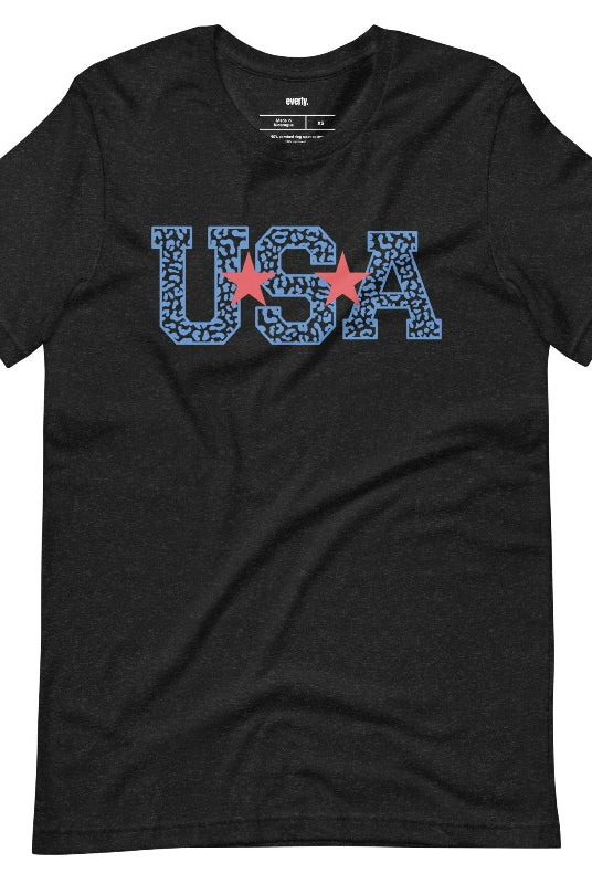 Stylish and bold USA July 4th graphic tee with blue cheetah print 'USA' on the front, adding a trendy and fierce touch to your patriotic wardrobe on a black graphic tee.