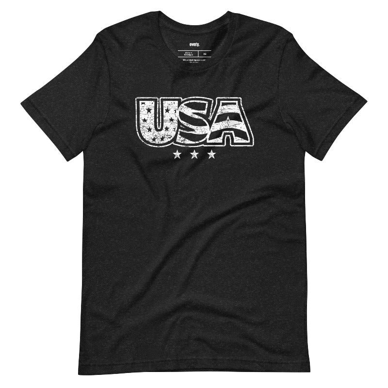 The alt text for the product photo could be: "Graphic tee with faded lettering of 'USA' on the front, in Black color - perfect for celebrating July 4th.