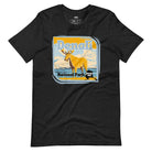 Heather Black Bella + Canvas 3001 t-shirt featuring a colorful Denali National Park graphic with a moose and mountains, showcasing the beauty of Alaska's wilderness