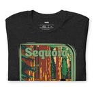 a vibrant illustration of Sequoia National Park, showcasing towering sequoia trees with a vintage-inspired design on a black shirt.