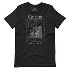 Bella + Canvas 3001 black heather Cancer Zodiac shirt featuring an intricate Cancer symbol design, constellation, and dates June 21 - July 22.