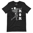 black heather t-shirt featuring a graphic design of a football player composed of various football icons, with the word "MOM" in bold white letters next to the player.